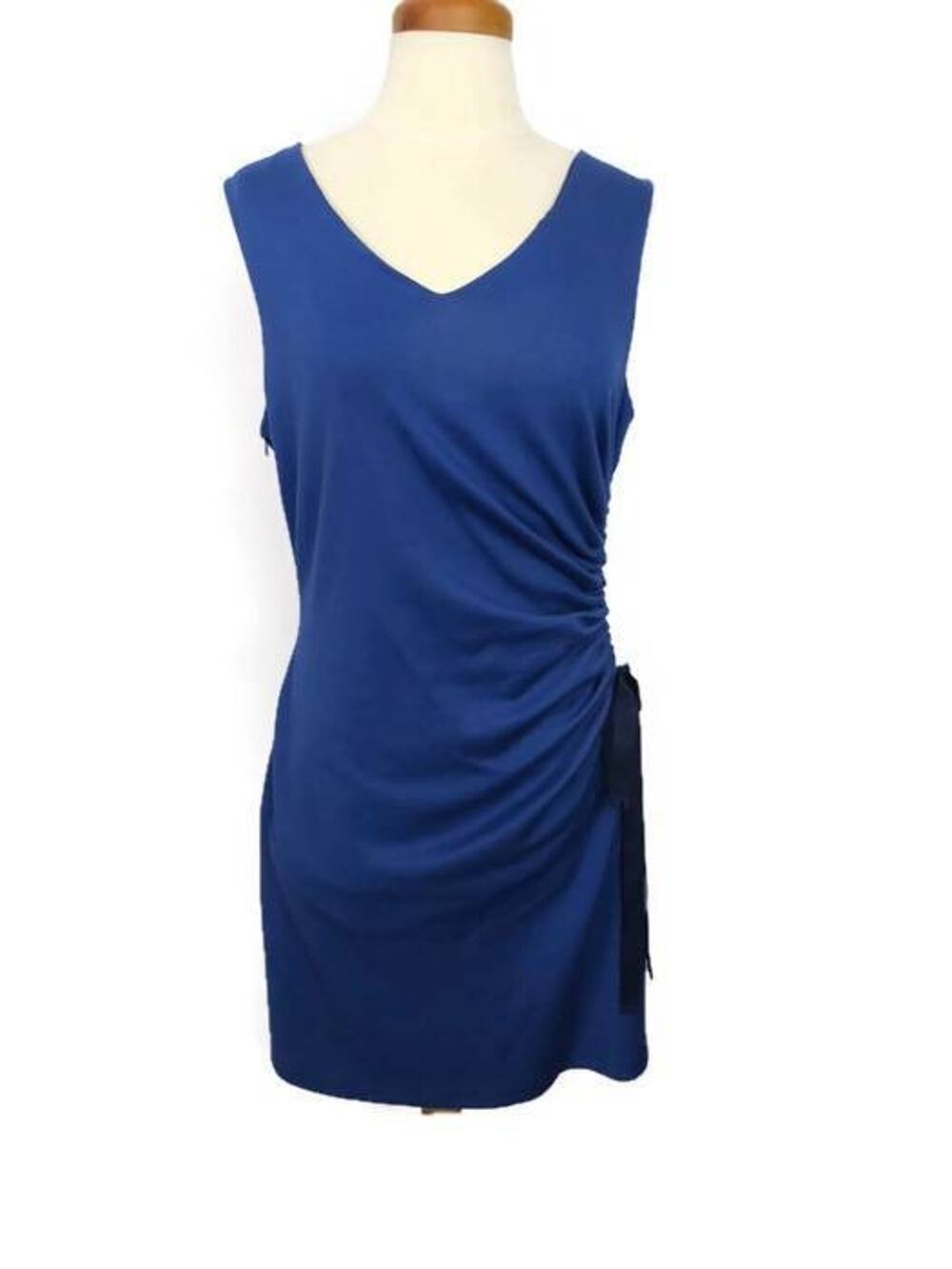 Amy Matto Dress Size 10 Blue Sleeveless Ruching Lined Black Bow V Neck